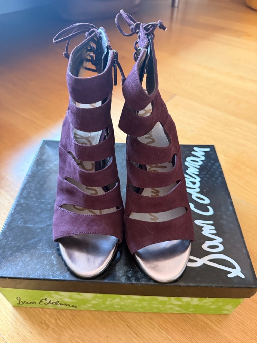 Sam Edelman Strappy Open-Toe High Heel Booties in Burgundy brand new.